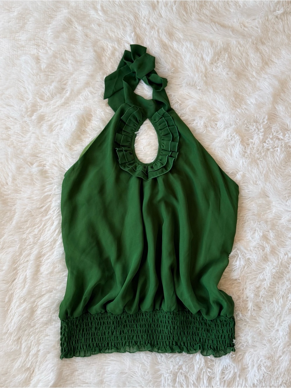 MKM Designs Green Halter Top Blouse Ruffle Keyhole Blouson Chiffon Party Size XL